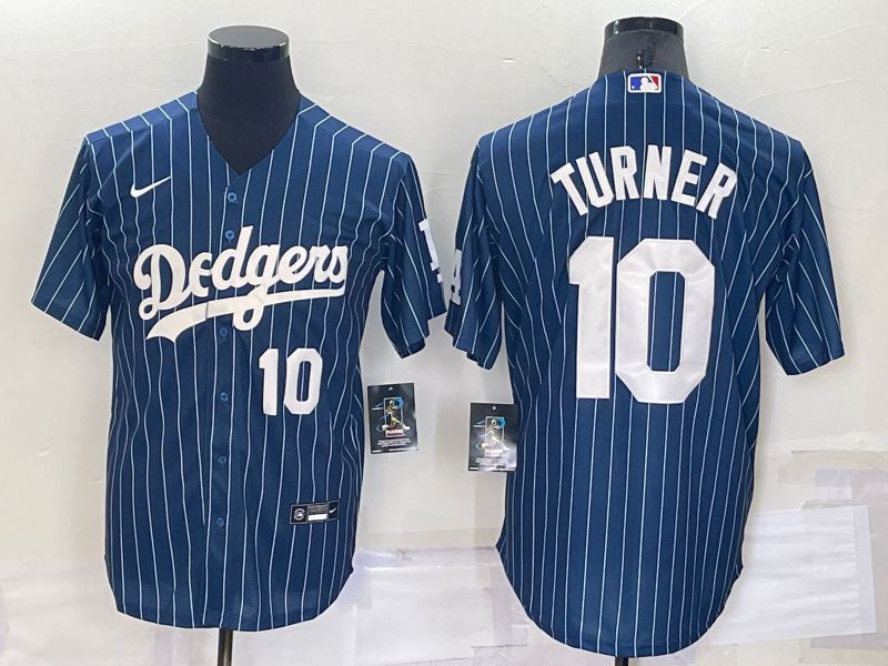 Men Los Angeles Dodgers 10 Turner Blue Stripe Throwback Nike 2022 MLB Jersey1